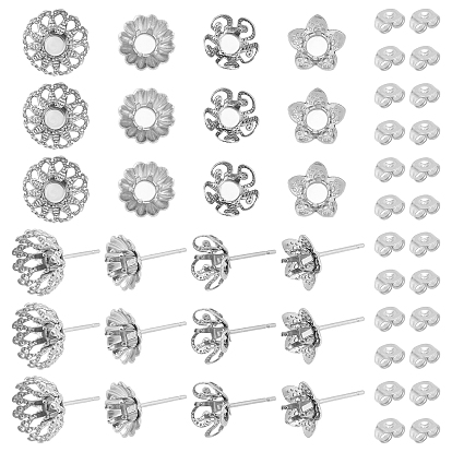 32Pcs 4 Style 304 Stainless Steel Stud Earring Findings, with 40Pcs Ear Nuts, Flower