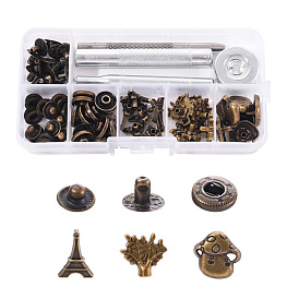 18 Sets Eiffel Tower & Tree & Mushroom Brass Leather Snap Buttons Fastener Kits, Including 1 Set 45# Steel Hole Punch Tool, 1Pc 45# Steel Round Base
