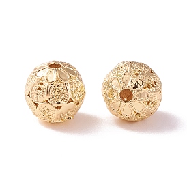 Brass Hollow Beads, Round with Flower