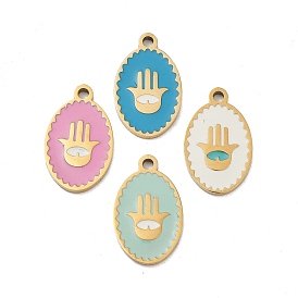 Ion Plating(IP) 316 Surgical Stainless Steel Pendants, Nickel Free, with Enamel, Real 18K Gold Plated, Oval with Hamsa Hand Pattern