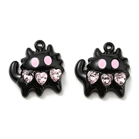 Spray Painted Alloy Enamel with Rhinestone Pendants,  Lead Free & Cadmium Free, Cat with Heart Charm