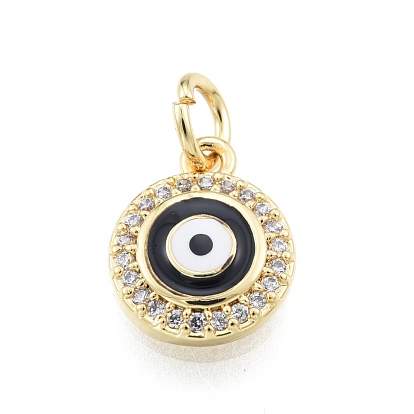 Brass Micro Pave Clear Cubic Zirconia Charms, with Enamel and Jump Rings, Golden, Flat Round with Evil Eye