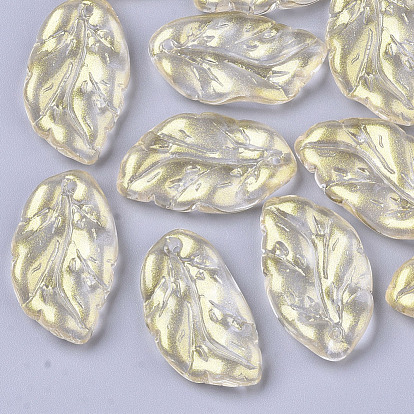 Transparent Spray Painted Glass Pendants, with Glitter Powder, Leaf