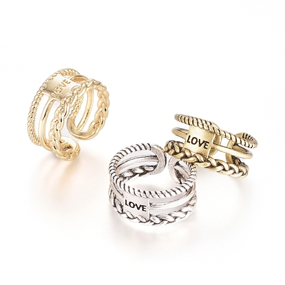 Adjustable Brass Cuff Rings, Open Rings, Long-Lasting Plated, with Word LOVE, for Valentine's Day