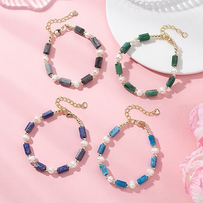 Браслеты из бусин-колонн с натуральным лазуритом/натуральным апатитом/натуральным соколиным глазом/натуральным изумрудом для женщин, с натуральным культивированным пресноводным жемчугом, граненые