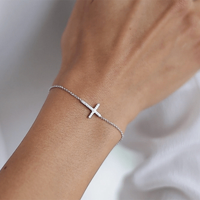 925 Sterling Silver Cable Chain Bracelets, Cubic Zirconia Cross Jewelry for Women