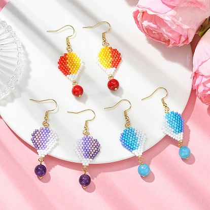 304 Stainless Steel with Glass Cylinder Seed Beads Hot Air Balloon Dangle Earrings, Brass Earrings, Golden