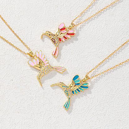 Colorful Oil Drop Copper Bird Necklace Pendant for Women - European and American Personality Fashion Hummingbird Collarbone Chain Jewelry