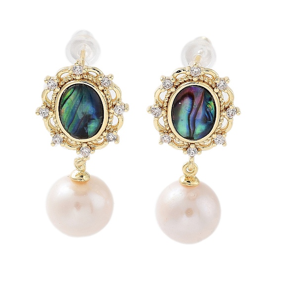 Pearl Dangle Stud Earrings, with Brass Micro Pave Cubic Zirconia and Paua Shell Findings, 925 Sterling Silver Pins, Oval