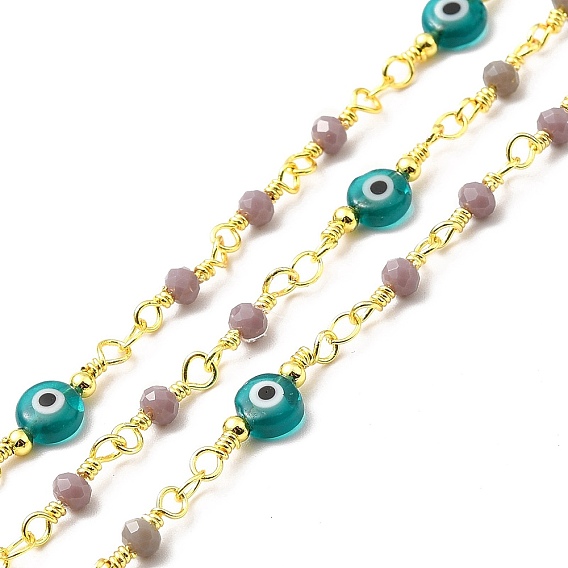 Handmade Evil Eye Glass Link Chains, with Brass Links, Soldered, with Spool, Flat Round & Round, Cadmium Free & Lead Free