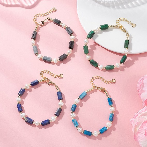Браслеты из бусин-колонн с натуральным лазуритом/натуральным апатитом/натуральным соколиным глазом/натуральным изумрудом для женщин, с натуральным культивированным пресноводным жемчугом, граненые