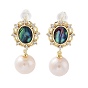 Pearl Dangle Stud Earrings, with Brass Micro Pave Cubic Zirconia and Paua Shell Findings, 925 Sterling Silver Pins, Oval