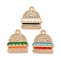 Alloy Enamel Pendants, Hamburger Charms, with Rhinestone, Light Gold