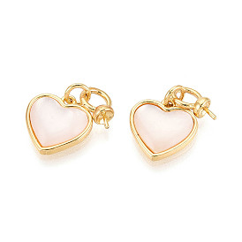 Подвески-булавки из латуни и ракушек с чашечками из жемчуга, сердце, с эмалью, за половину пробурено бисера