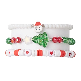 3Pcs 3 Styles Polymer Clay & Glass Beaded Stretch Bracelet Sets, Christmas Tree & Santa Claus Stackable Bracelets Kits