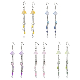Bohemian Style Glass & Seed Beaded Flower Dangle Earrings, Brass Chains Tassel Earrings