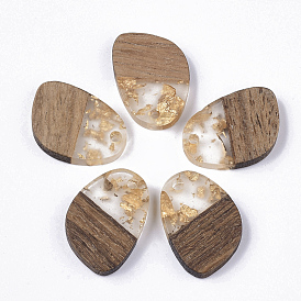 Transparent Resin & Walnut Wood Pendants, with Foil, Teardrop