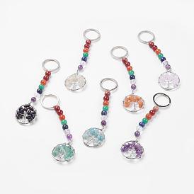 Gemstone Chakra Keychain, with Alloy Key Rings and Brass Pendants, Ring with Tree of Life