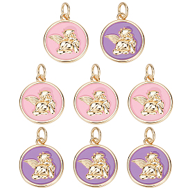 8 шт. 2 цвета латунные эмалевые подвески, плоские круглые с Амура,, реальный 18 k позолоченный, с прыжковых колец, без кадмия и без свинца