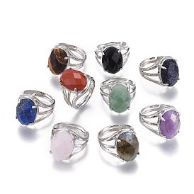 Adjustable Faceted Natural & Synthetic Gemstone Finger Rings, with Platinum Brass Findings, Oval