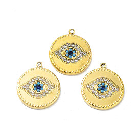 304 Stainless Steel Pendants, with Rhinestone, Flat Round with Eye Charm