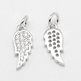 Wing Brass Micro Pave Cubic Zirconia Charms, Cadmium Free & Nickel Free & Lead Free, 14x6x1.5mm, Hole: 3mm
