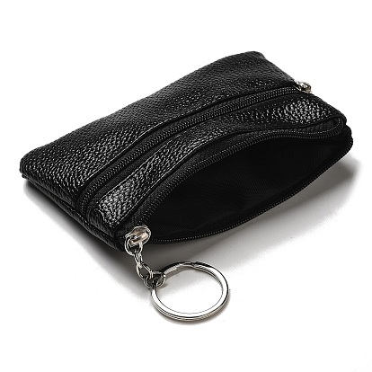 PU Leather Wallets with Alloy Zipper, Rectangle with Iron Ring
