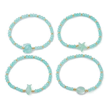 4Pcs 4 Styles Faceted Rondelle Glass Beaded Stretch Bracelets, Starfish & Crab Summer Beach Stackable Bracelets for Women