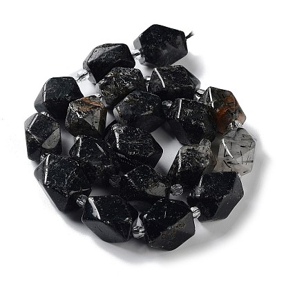 Natural Black Rutilated Quartz Beads Strands, with Seed Beads, Faceted, Rhombus