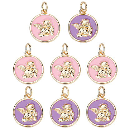 8 шт. 2 цвета латунные эмалевые подвески, плоские круглые с Амура,, реальный 18 k позолоченный, с прыжковых колец, без кадмия и без свинца