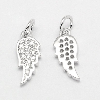 Wing Brass Micro Pave Cubic Zirconia Charms, Cadmium Free & Nickel Free & Lead Free, 14x6x1.5mm, Hole: 3mm