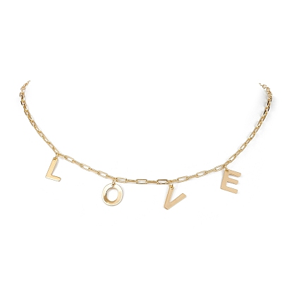 Word Love 304 Stainless Steel Charms Bib Necklaces with Brass Paperclip Chains