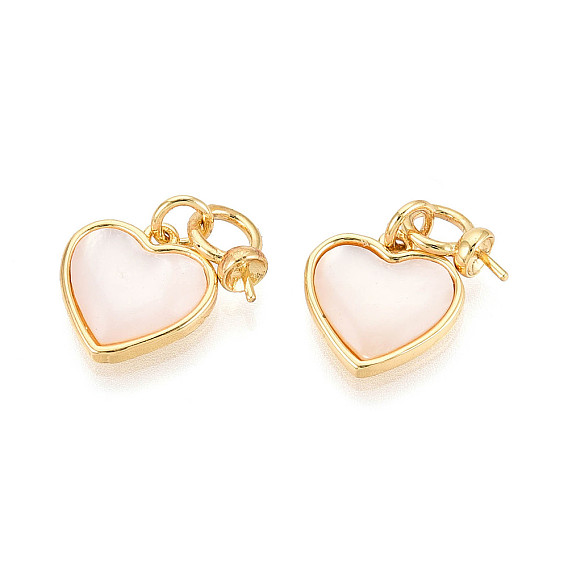 Подвески-булавки из латуни и ракушек с чашечками из жемчуга, сердце, с эмалью, за половину пробурено бисера