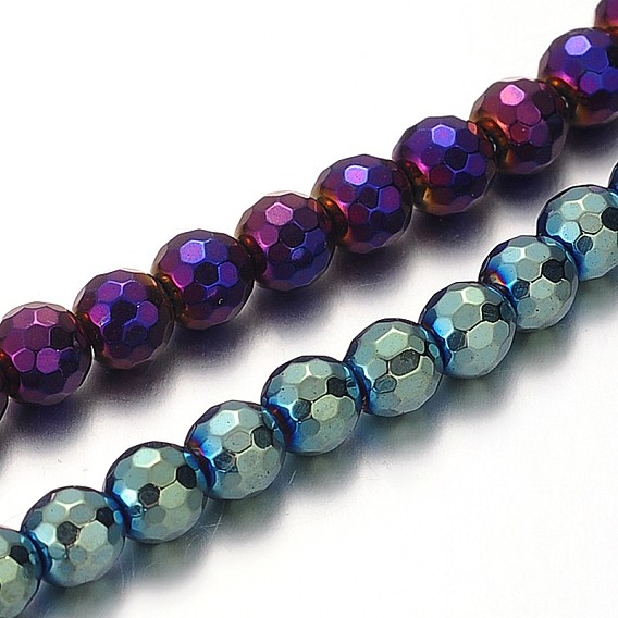 Electroplated Non-magnetic Synthetic Hematite Round Beads Strands, Faceted, 6mm, Hole: 1mm, about 71pcs/strand, 15.7 inch