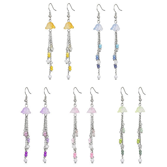 Bohemian Style Glass & Seed Beaded Flower Dangle Earrings, Brass Chains Tassel Earrings