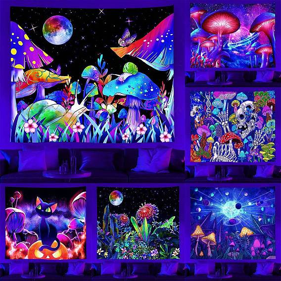 UV Reactive Blacklight Trippy Wall Hanging Tapestry, Hippie Plant Mushroom/Skull/Cat Tapestry for Home Decoration, Rectangle