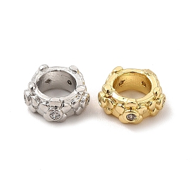 Laiton zircone cubique perles européennes, Perles avec un grand trou   , sans cadmium et sans plomb, colonne avec motif de fleurs