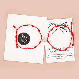 Red String Bracelets Set with Heart Magnets - Couple Card Charm Love Wristbands (7pcs)