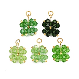 5 шт. 5 цветные прозрачные стеклянные бусины подвески, клевер, с открытыми пружинными кольцами из нержавеющей стали 304, граненые