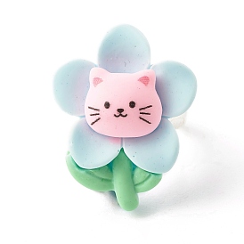 Flower with Cat Resin Adjustable Ring, Brass Jewelry for Women