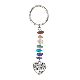 Porte-clés en pierres précieuses naturelles chakra, Porte-clés rond/cœur plat en alliage avec pendentif arbre de vie