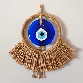 Turkish Flat Round with Evil Eye Glass Pendant Decorations, with Iron Ring and Jute Cord Tassel Wall Hanging Ornaments