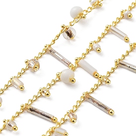 Real 18K Gold Plated Brass Curb Chains, with Glass Rondelle & Column Charms, Soldered, with Spool