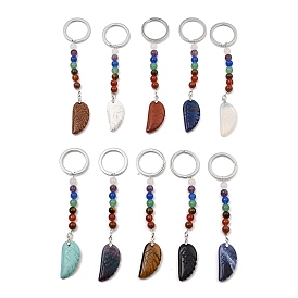 Porte-clés en plumes de pierres précieuses naturelles et synthétiques, avec perle de pierre précieuse chakra et accessoires en laiton plaqué platine