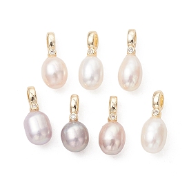 Природные пресноводные жемчужные подвески, Подвески в виде рисовых зерен с латунными микропаве из прозрачных кубических цирконий в качестве застежек., разноцветные