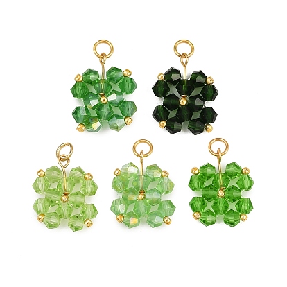 5 шт. 5 цветные прозрачные стеклянные бусины подвески, клевер, с открытыми пружинными кольцами из нержавеющей стали 304, граненые