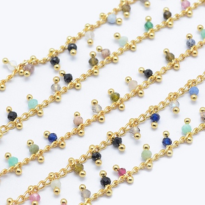 Gemstone Handmade Beaded Chains, Soldered, Lead Free & Cadmium Free, with Brass Findings, Real 18K Gold Plated, Long-Lasting Plated, Faceted Round