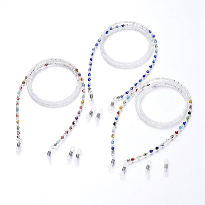 Cordon de lunettes, sangle porte-lunettes, avec le mal de perles au chalumeau des yeux, perles de rocaille en verre et extrémités de boucle en caoutchouc