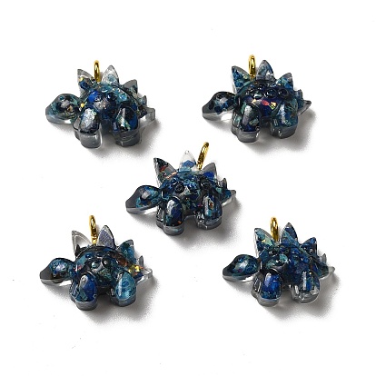 Transparent Resin Pendants, Stegosaurus Dinosaur Charms, with Natural Opal and Dyed Imperial Jasper, Golden