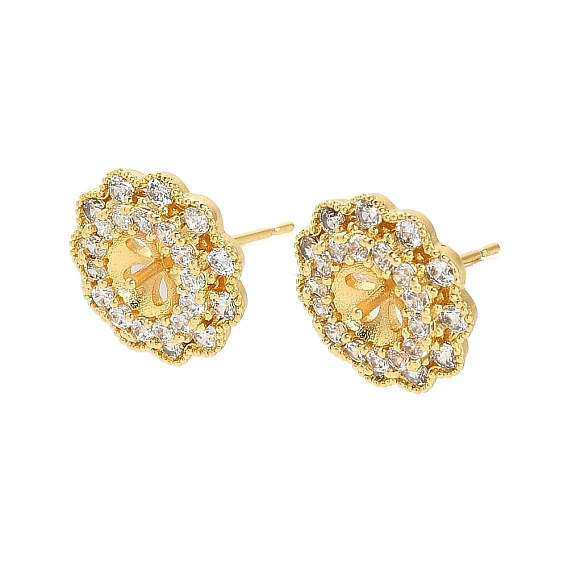 Фурнитура для сережек-гвоздиков из латуни с микропаве из прозрачных кубических цирконий, за половину пробурено бисера